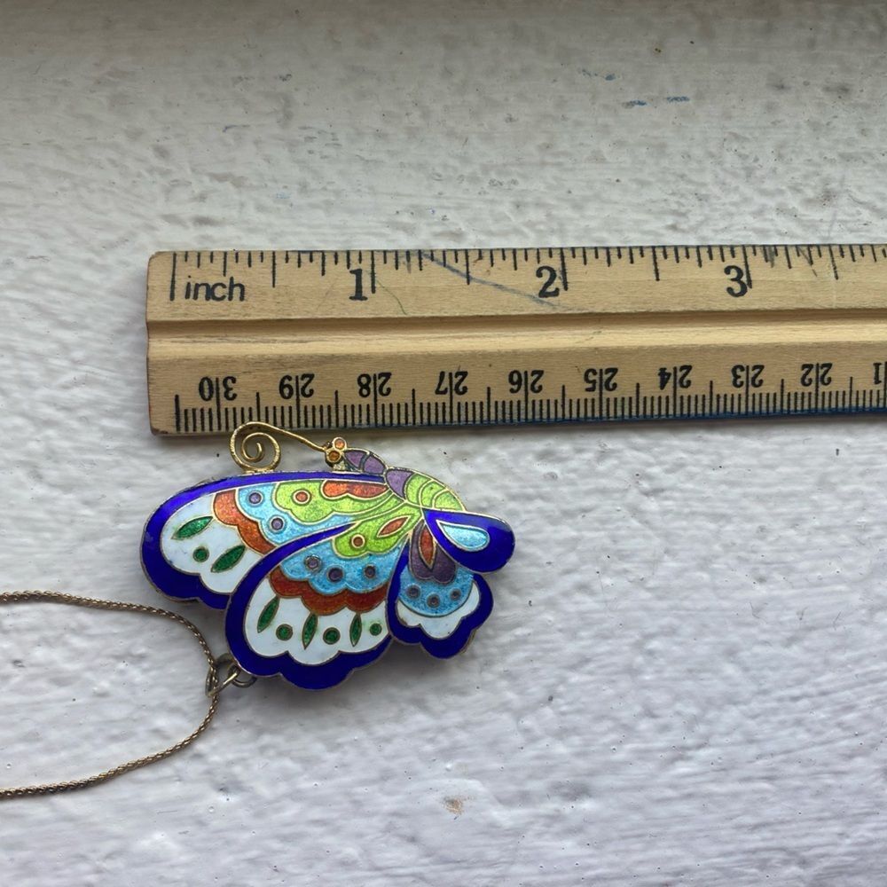 70s butterfly pendant gold tone necklace cloisonne enamel blue green vintage EUC - Picture 8 of 14